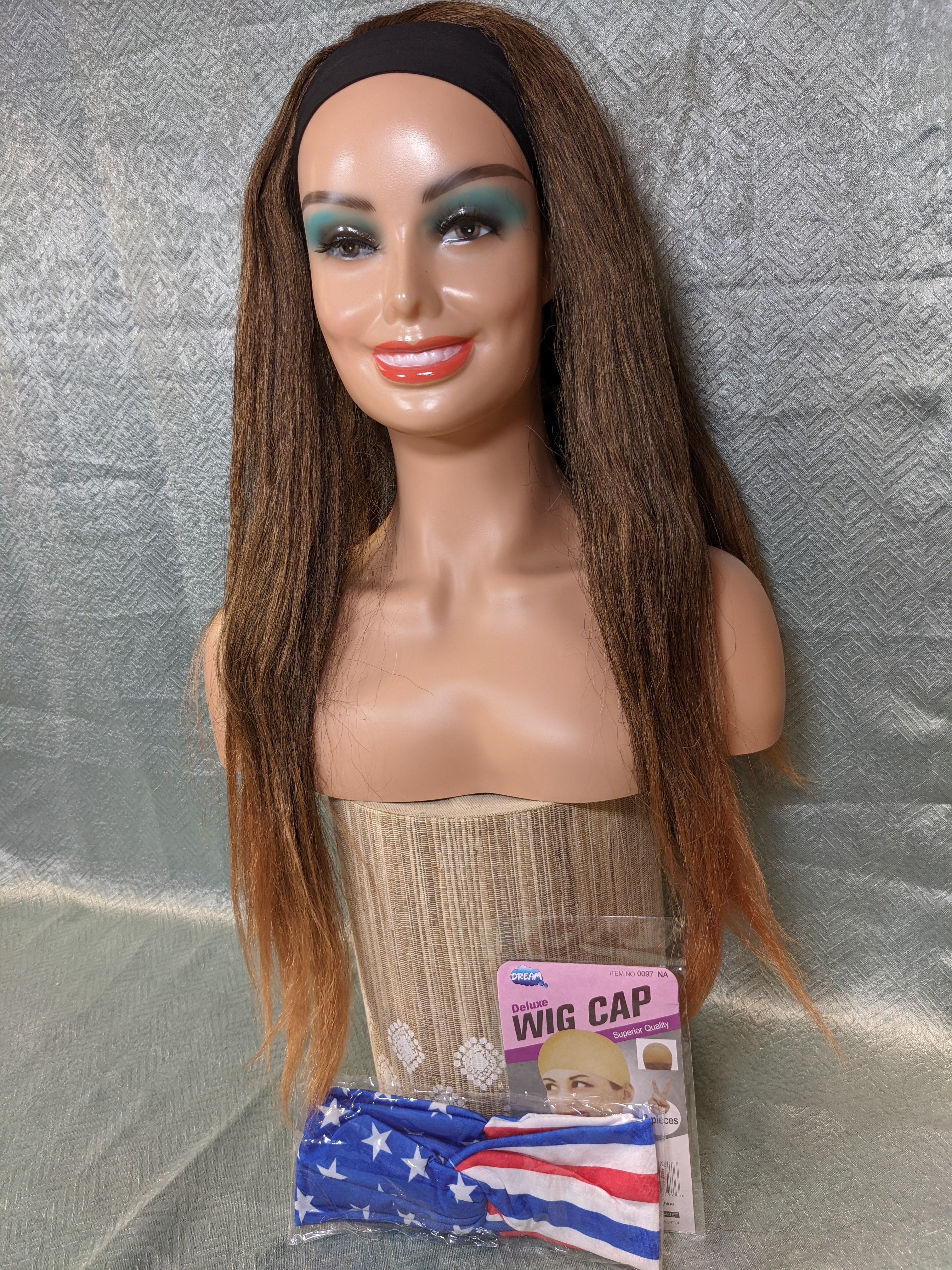 Synthetic Ombre Brown Carmel Band Wig Long Staight (7578778468590)